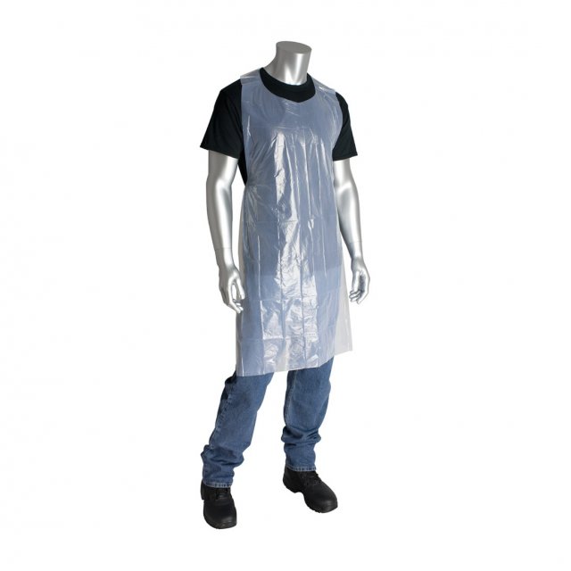 PIP white polyethylene single-use apron 200-01002 on a mannequin, on white