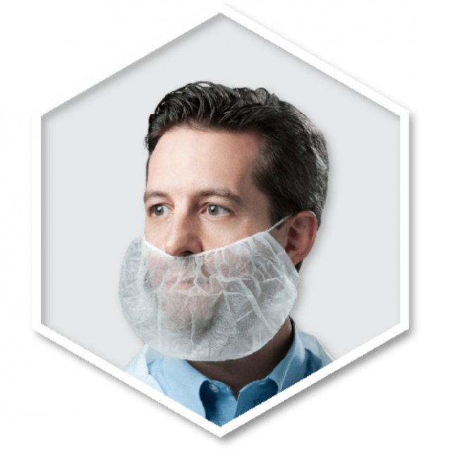 Tronex white spunbond beard cover worn by a model, inside a hexagon frame on light grey (Tronex product image)