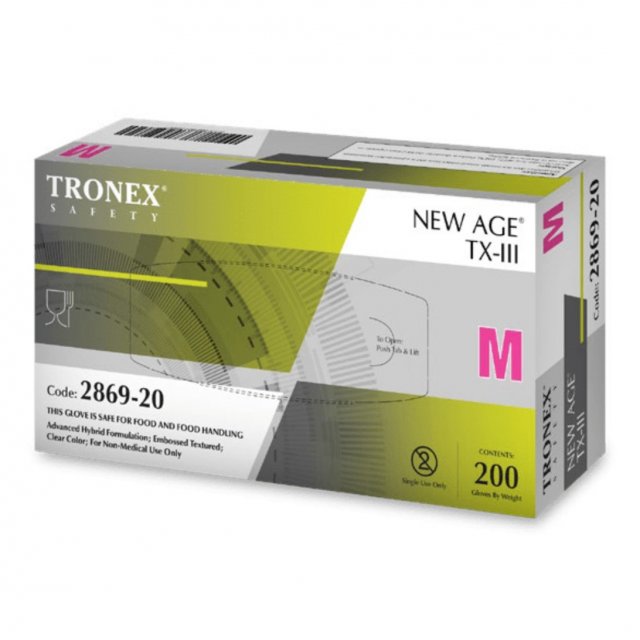 Tronex New Age TX-III 2869 Series clear hybrid gloves box, code 2869-20, size M (manufacturer render)
