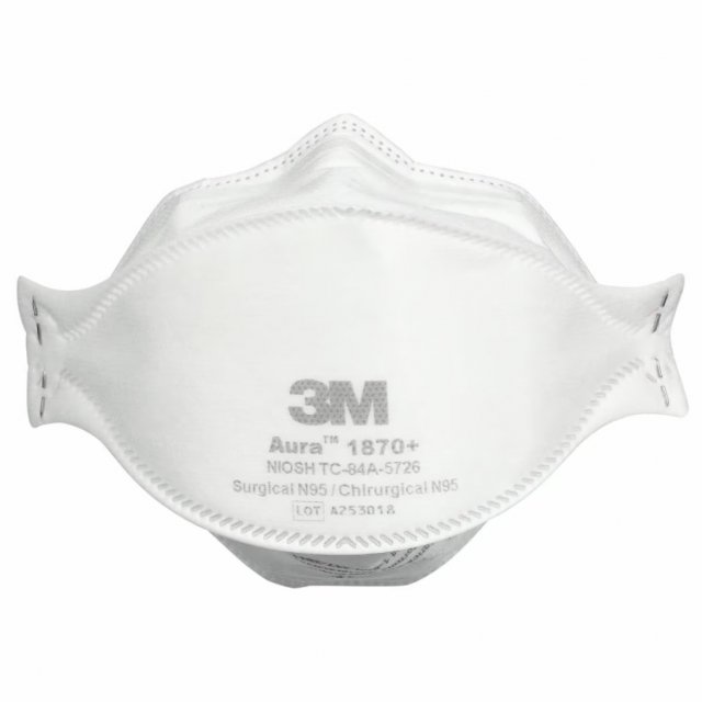 3M Aura 1870+ N95 health care particulate respirator and surgical mask, opened, front view on white (3M product photo)