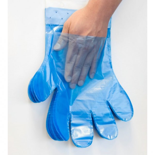 Tronex 2424 Series blue HDPE poly disposable gloves on a header pad, one glove worn (manufacturer image)