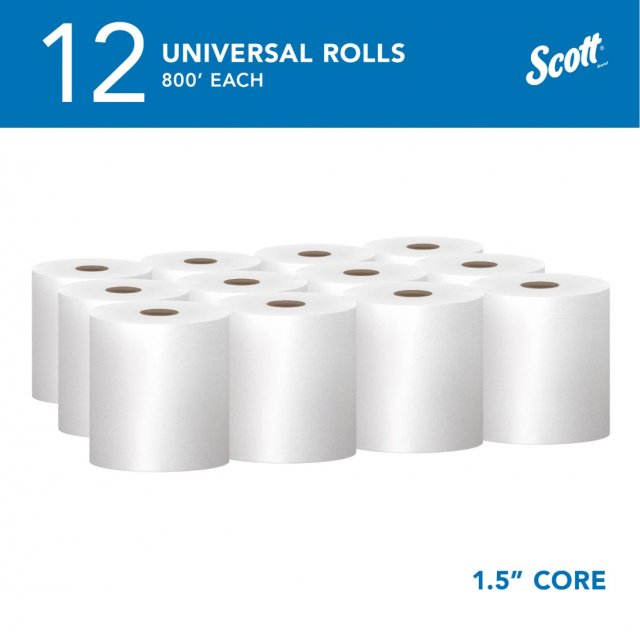 Scott 01040: twelve white hard-roll towels on white with a pack-out banner (12 universal rolls, 800 ft each, 1.5 in core) (manufacturer gallery image)
