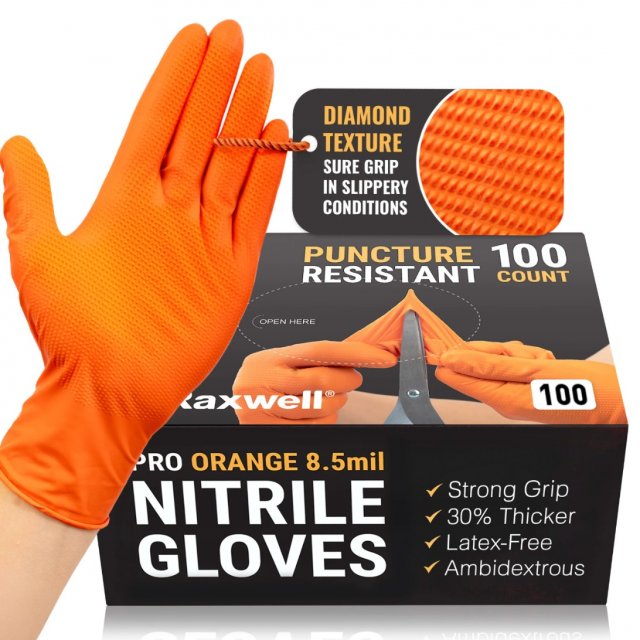Raxwell PRO orange diamond-texture nitrile gloves, 8.5 mil: glove and 100-count box with feature callouts (manufacturer main image)