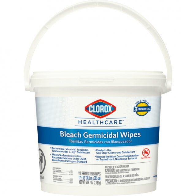 Clorox Healthcare Bleach Germicidal Wipes bucket, 110 wipes, 12 in x 12 in, front label with the handle up
