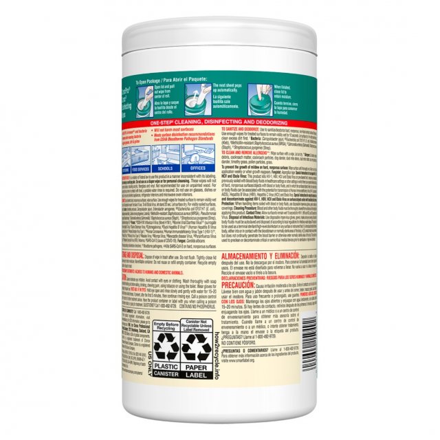 Clorox Disinfecting Wipes Fresh Scent 75-count canister, back label with opening steps and directions