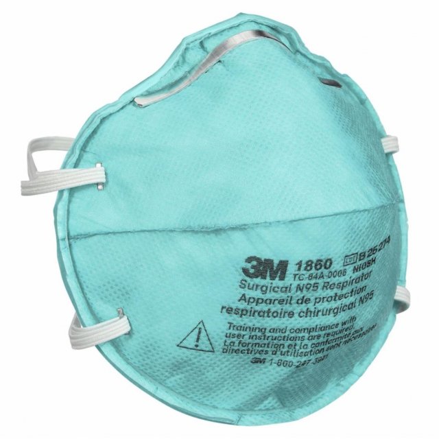 3M 1860 N95 health care particulate respirator and surgical mask, angled view on white (3M product photo)