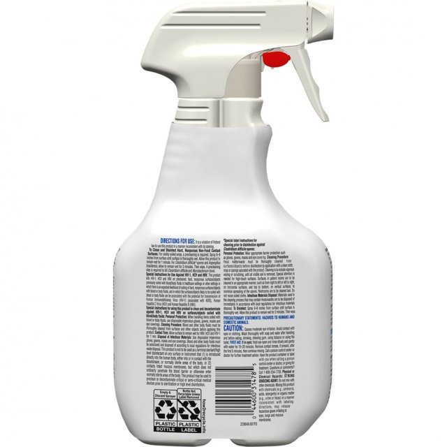 Clorox Healthcare Fuzion Cleaner Disinfectant 32 oz spray bottle, back label with directions for use