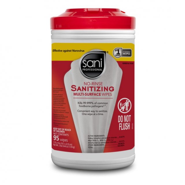 Sani Professional No-Rinse Sanitizing Multi-Surface Wipes, 95-count extra-large canister, front (manufacturer render)