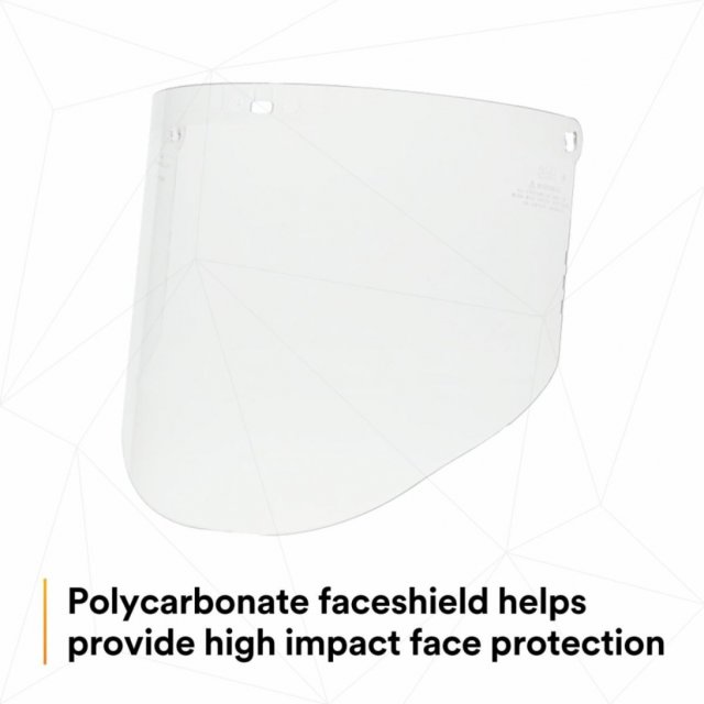 3M WP96 clear polycarbonate faceshield 82701-00000 on a light patterned background, with a 3M caption (3M product photo)