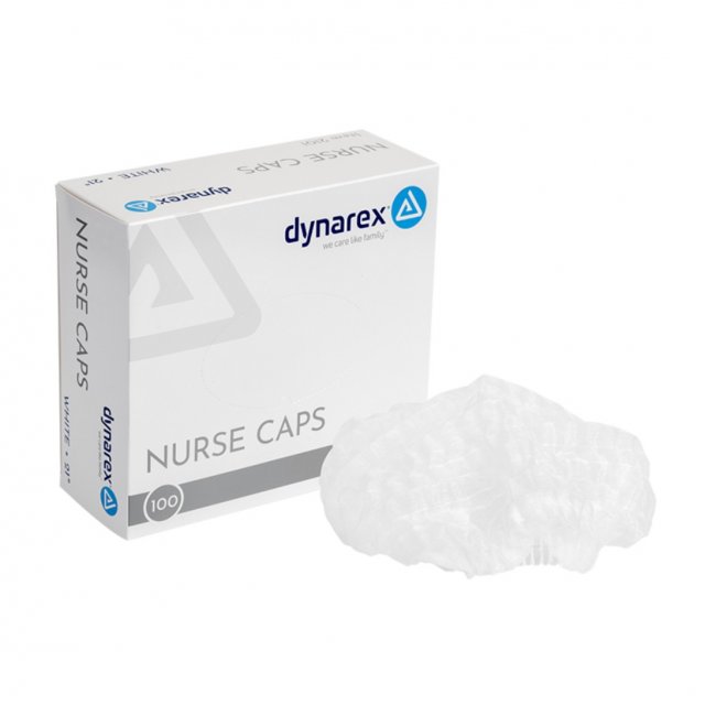 Dynarex Nurse Caps box (white, 21 in, 100 count) with a white cap beside it (Dynarex product image)