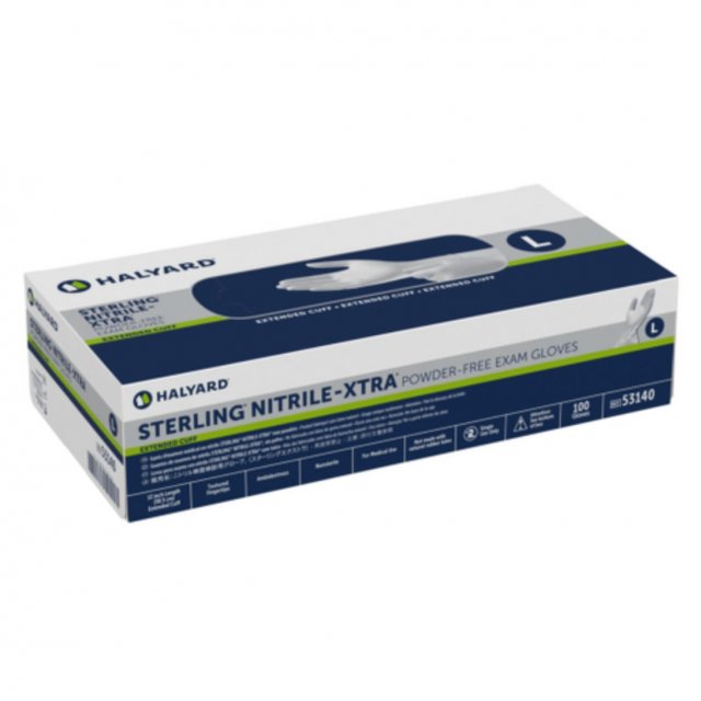 HALYARD STERLING NITRILE-XTRA powder-free extended-cuff exam gloves box, size L, REF 53140 (manufacturer image)