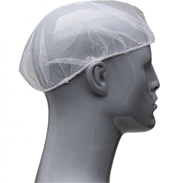 PIP white nylon hairnet (UC-18-1000) on a grey mannequin head, side view, on white