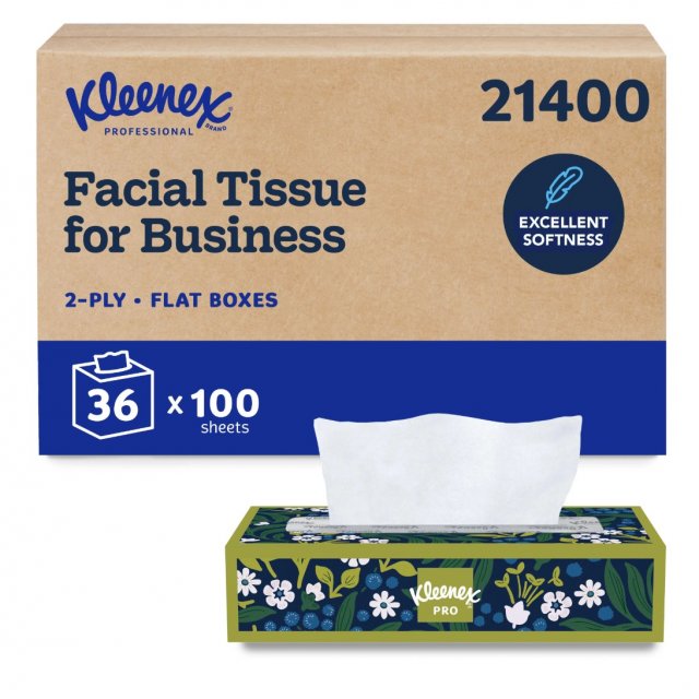 Kleenex Professional Facial Tissue for Business 21400: case (2-ply, 36 flat boxes x 100 sheets) with a flat box in front (manufacturer main image)