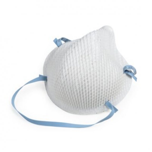 Moldex 2200N95 white N95 respirator with blue straps, on white (Moldex product gallery image)