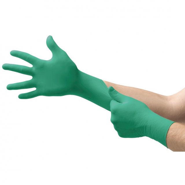 Ansell TouchNTuff 92-600 green nitrile gloves worn on two hands (manufacturer image)