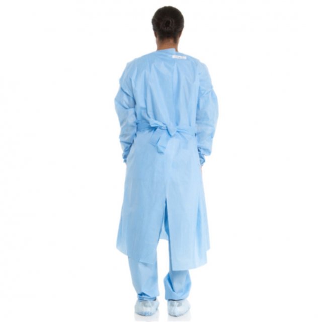HALYARD Tri-Layer AAMI2 isolation gown in blue, back view on a model, on white (Halyard eCatalog image)