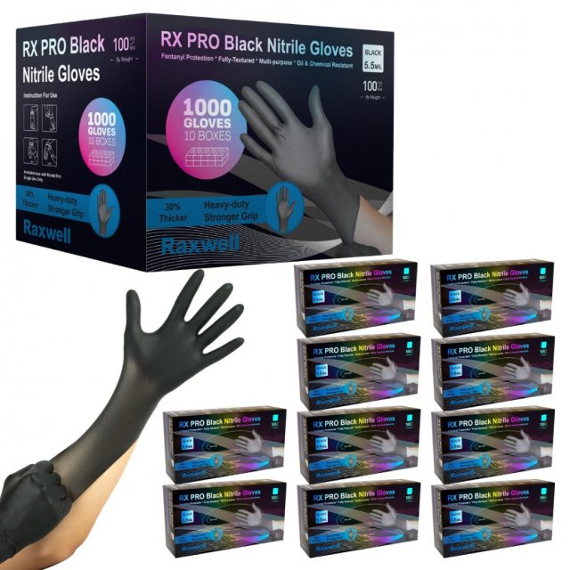 Raxwell RX PRO black nitrile gloves, 5.5 mil: 1,000-glove case with ten dispenser boxes and a black glove (manufacturer image)