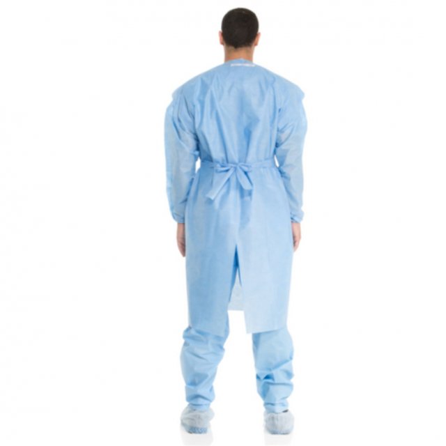 HALYARD Tri-Layer AAMI3 isolation gown in blue, back view on a model, on white (Halyard eCatalog image)