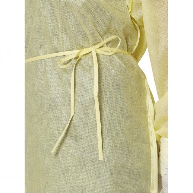 Medline yellow isolation gown, close-up of the waist tie and fabric (Medline product image)