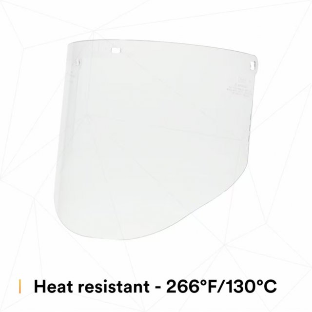 3M WP96 clear polycarbonate faceshield on a light patterned background, with a 3M caption (3M product photo)