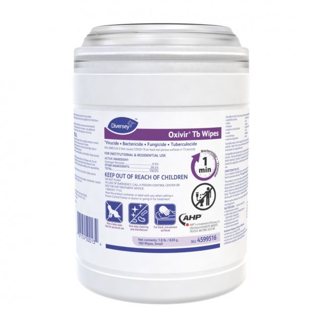 Diversey Oxivir Tb Wipes canister, 160 wipes, SKU 4599516, front, on white