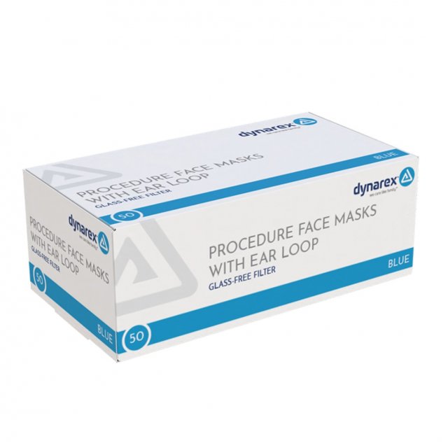Dynarex Procedure Face Masks with Ear Loop box, glass-free filter, blue, 50 count (Dynarex product image)