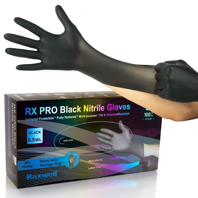 Raxwell RX PRO black nitrile gloves, 6.5 mil: dispenser box with a black glove