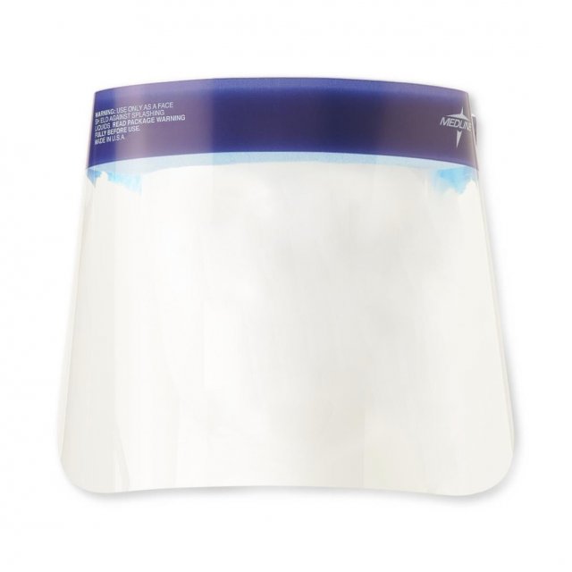 Medline full-length face shield with Medline-branded band, shield only, front view on white (Medline product image)