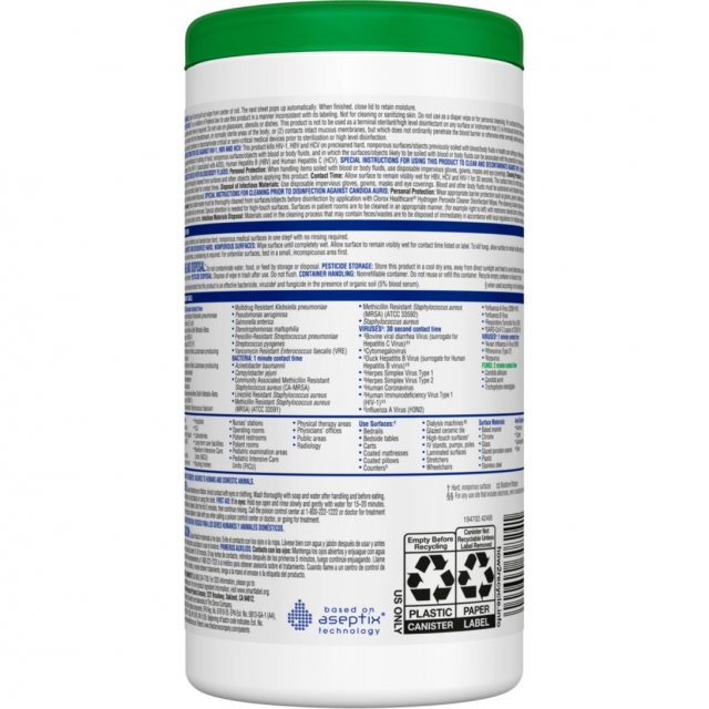 Clorox Healthcare Hydrogen Peroxide Cleaner Disinfectant Wipes canister, back label with organism table and use sites