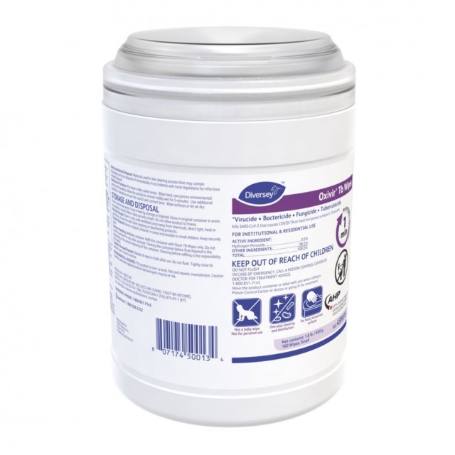 Diversey Oxivir Tb Wipes 160-count canister, front-left view, on white