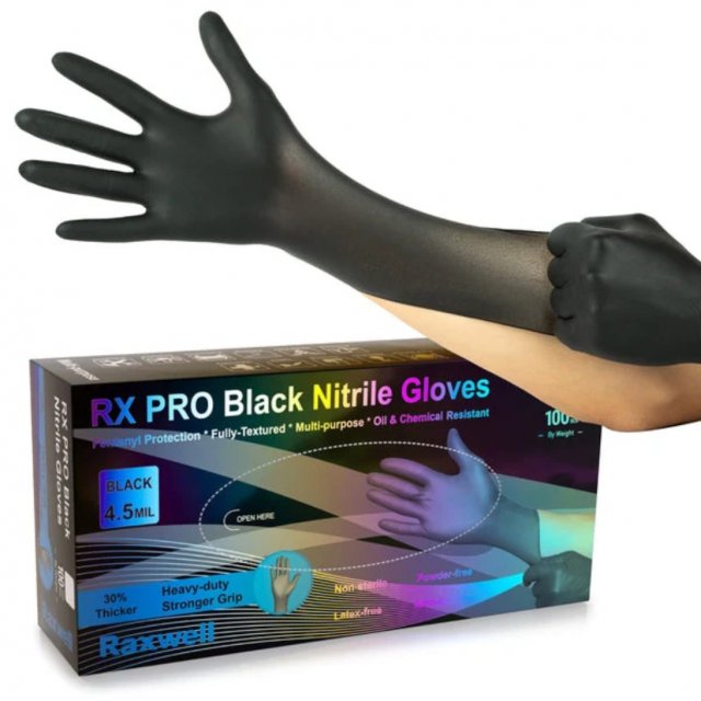 Raxwell black nitrile gloves, 4.5 mil: dispenser box with a black glove