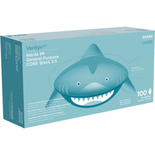Ventyv Nitrile PF General Purpose CORE Black 3.5 'Shark' gloves box, size L, 100 count (manufacturer image)