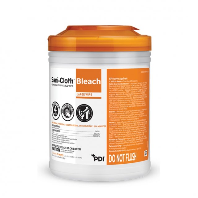 PDI Sani-Cloth Bleach Germicidal Disposable Wipe large-wipe canister, 75 wipes, on white