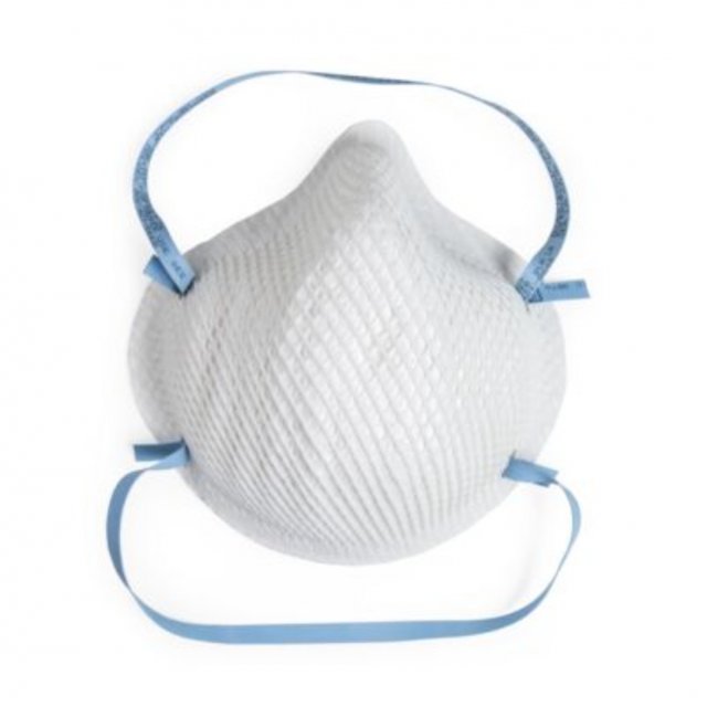Moldex 2200N95 respirator, front view with blue head straps, on white (Moldex product gallery image)