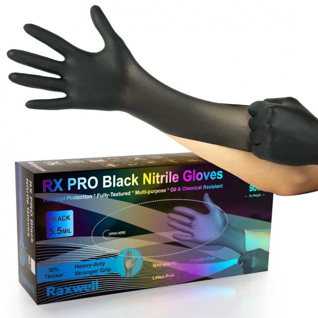 Raxwell RX PRO black nitrile gloves, 5.5 mil: dispenser box (90 count) with a black glove