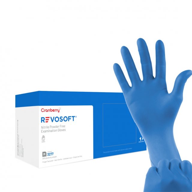 Cranberry RevoSoft nitrile exam gloves box held in gloved hands (manufacturer render)
