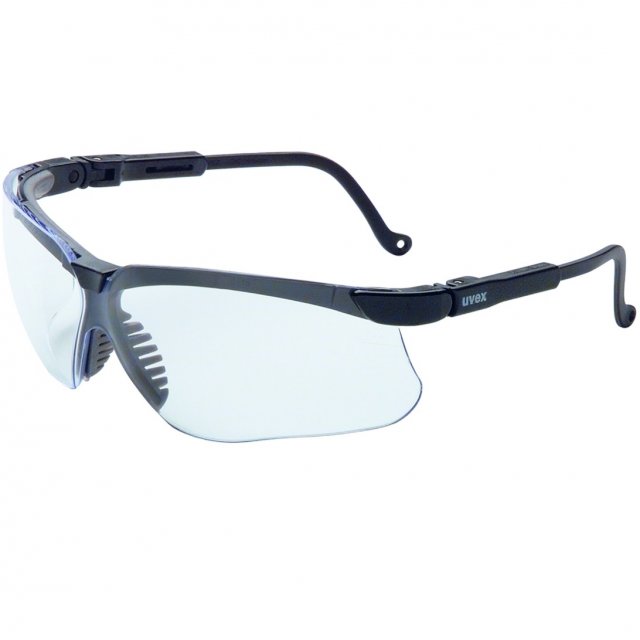 UVEX Genesis S3200HS safety glasses with black frame and clear lens, on white (manufacturer product image)