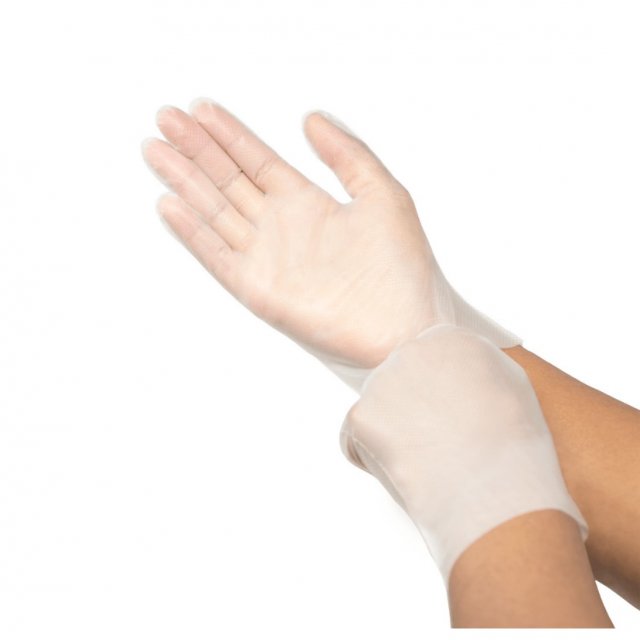 Tronex New Age TX-III 2869 Series clear gloves worn on two hands (manufacturer image)