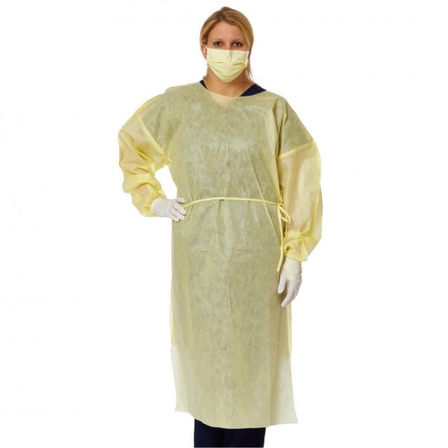 Medline yellow AAMI Level 2 isolation gown with waist ties, front view on a model (Medline product image)