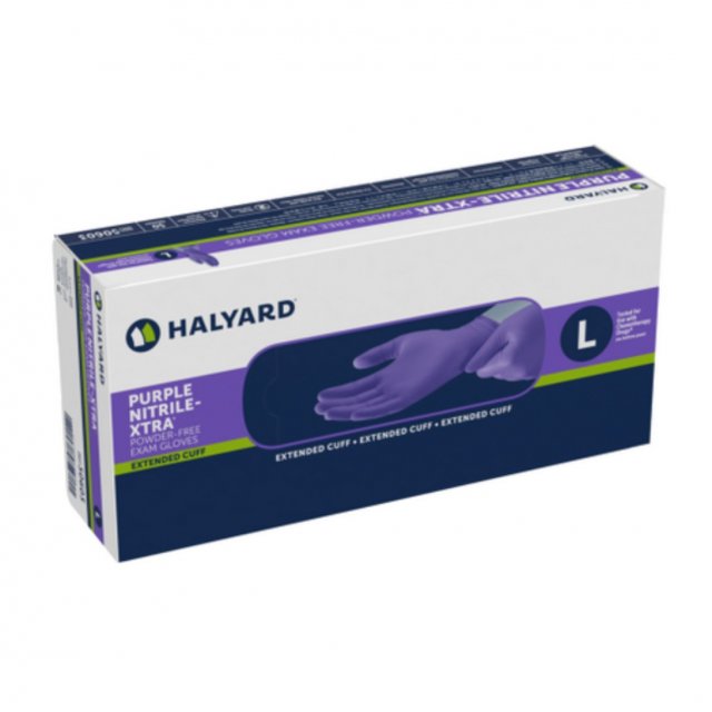HALYARD PURPLE NITRILE-XTRA powder-free extended-cuff exam gloves box, size L (manufacturer image)