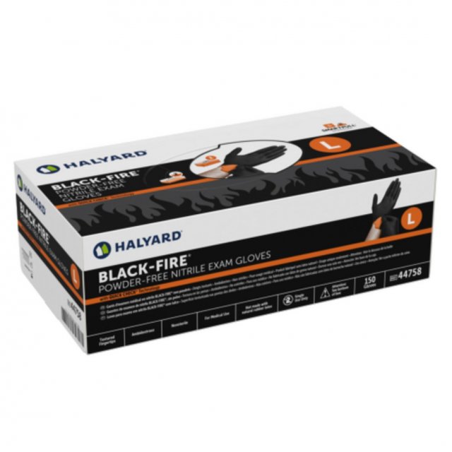 HALYARD BLACK-FIRE powder-free nitrile exam gloves box, size L, REF 44758, 150 count (manufacturer image)