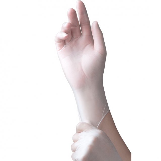 Tronex 8918/8955 Series clear vinyl glove being donned (manufacturer image)