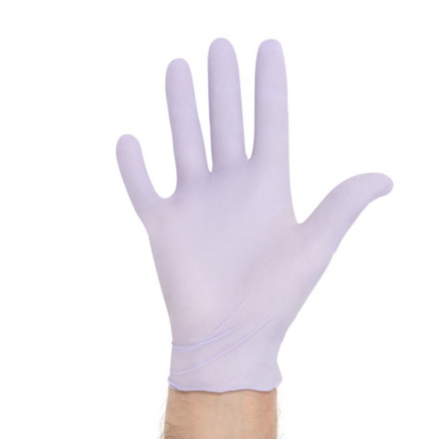 HALYARD LAVENDER nitrile exam glove worn on a hand (manufacturer image)