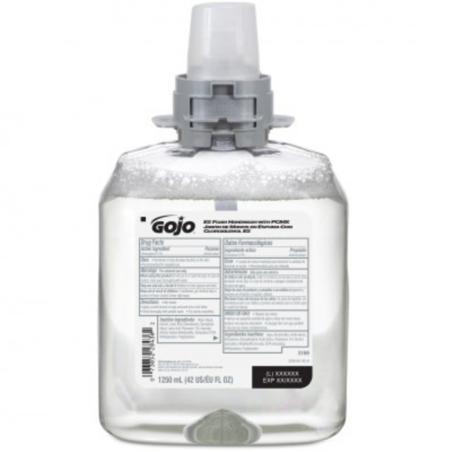 GOJO E2 Foam Handwash with PCMX, 1250 mL refill for GOJO FMX-12 dispenser (item 5169-04), front with Drug Facts label, on white (GOJO product image)