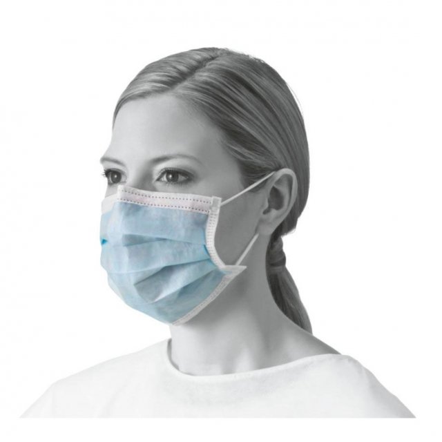 Medline blue ASTM Level 1 procedure face mask with ear loops, worn by a model (Medline product image)