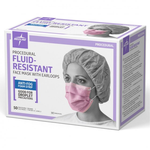 Medline Procedural Fluid-Resistant Face Mask with Earloops box: anti-fog foam strip, 50 masks, Level 3, REF NON27412EL (Medline product image)