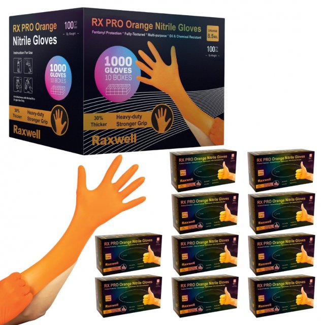 Raxwell RX PRO orange nitrile gloves, 8.5 mil: 1,000-glove case with ten dispenser boxes and an orange glove (manufacturer image)
