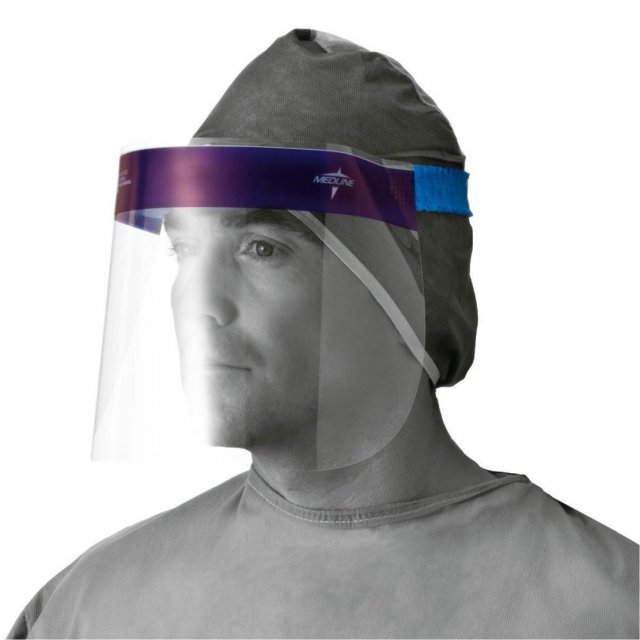 Medline full-length face shield with Medline-branded band and foam top, worn by a model (Medline product image)