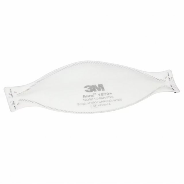 3M Aura 1870+ N95 respirator folded flat, on white (3M product photo)