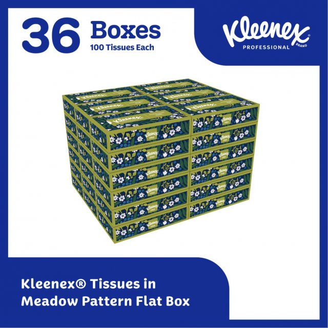 Kleenex Professional 21400 pack-out graphic: 36 meadow-pattern flat boxes, 100 tissues each (manufacturer gallery image)
